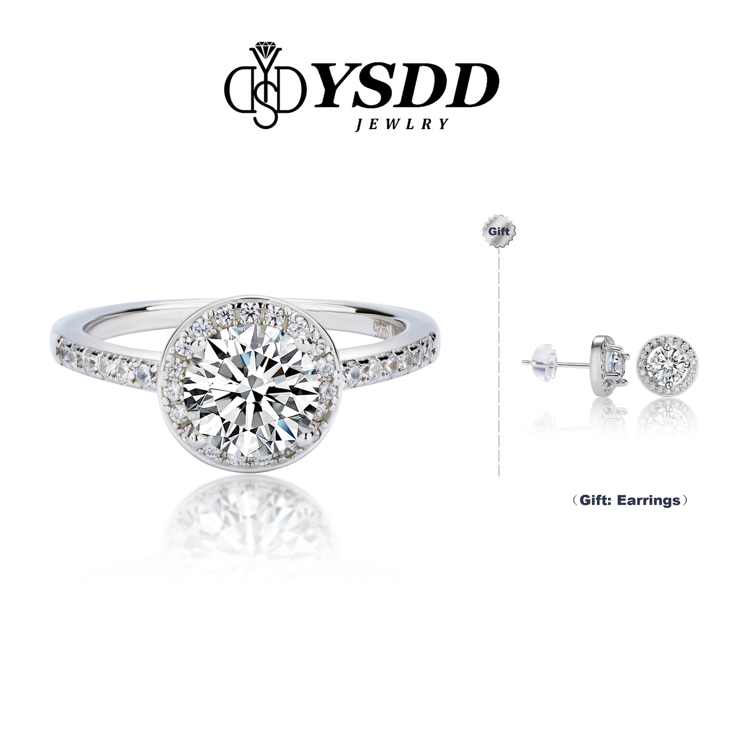 【#167 On Sale】Classic Round Halo Moissanite Ring and Earring Set in 925 Sterling Silver